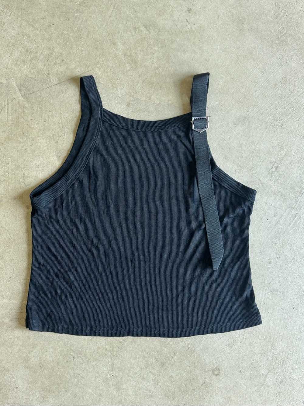 Women’s Black Ribbed Racer Back Tank Top with Ribbon and Buckle Accent M